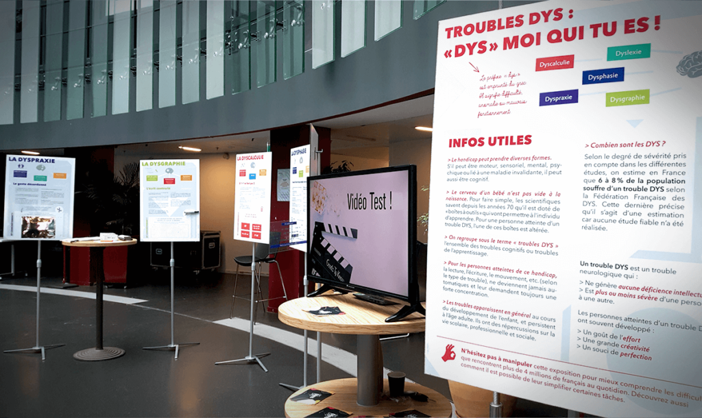 Aperçu de différents affiches expliquant les différents troubles et les informations utiles lors de l'expo DYS