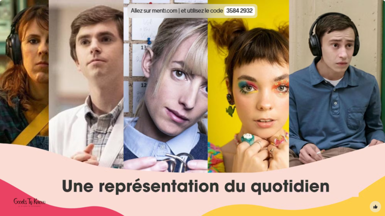 Slide "Une représentation du quotidien" avec des visages de personnages de séries de la conf TSA - SEEPH